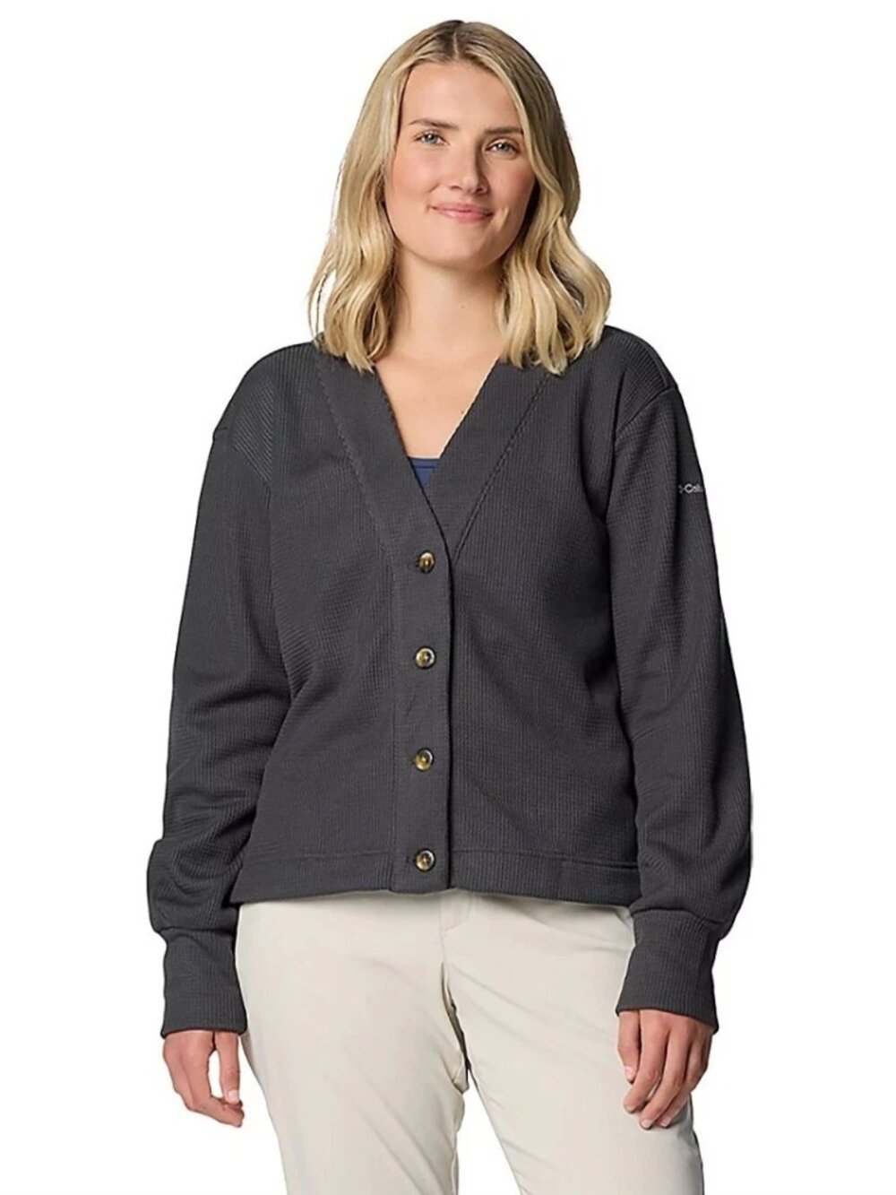 Columbia Women's Gray Holly Hideaway Waffle Button-Front Cardigan Sweater Size L